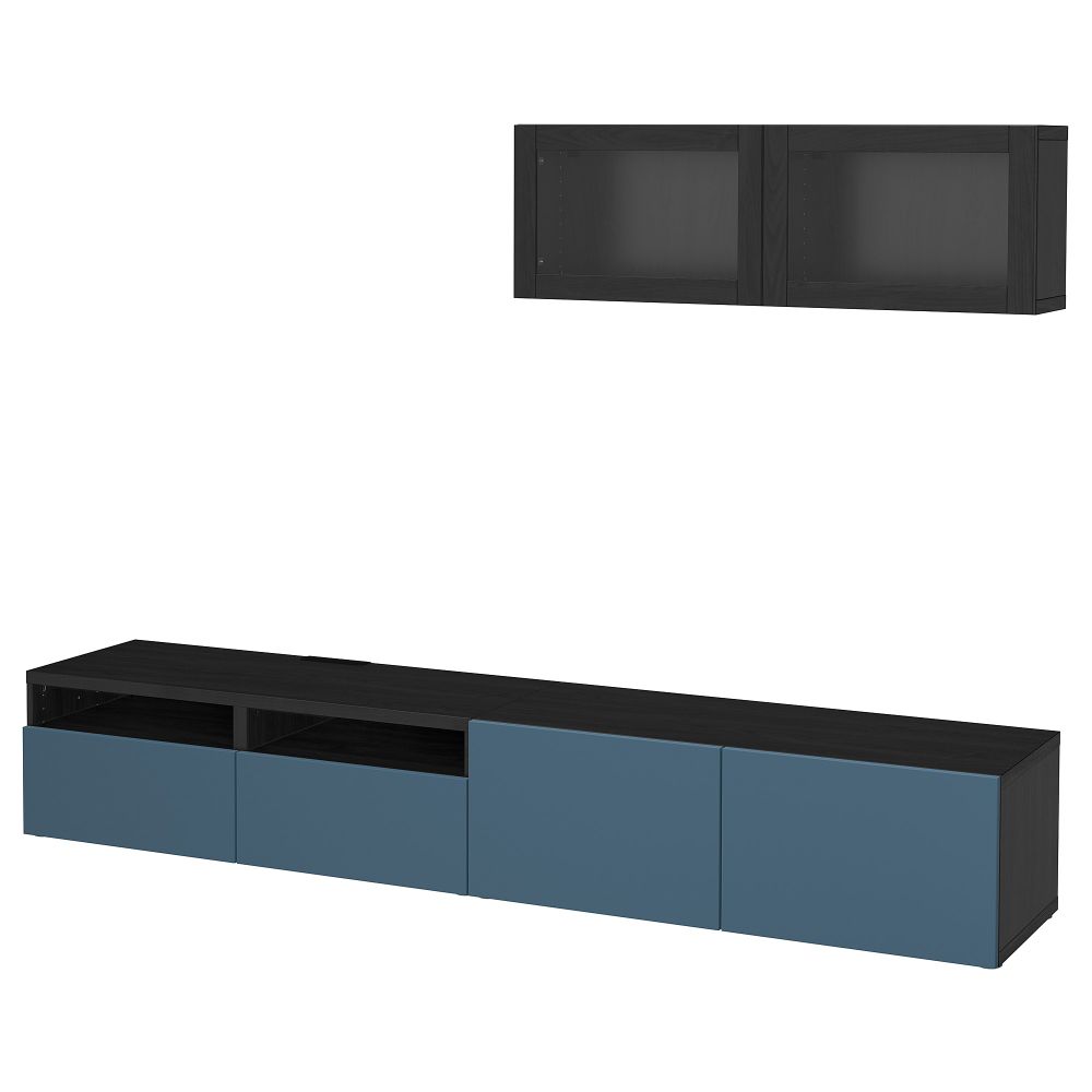 Шкаф для ТВ, комбинированный, стекляные дверцы БЕСТО, черно-коричневый Вальвикен, темно-синий прозрачное стекло (240x20/40x166 - фото 1