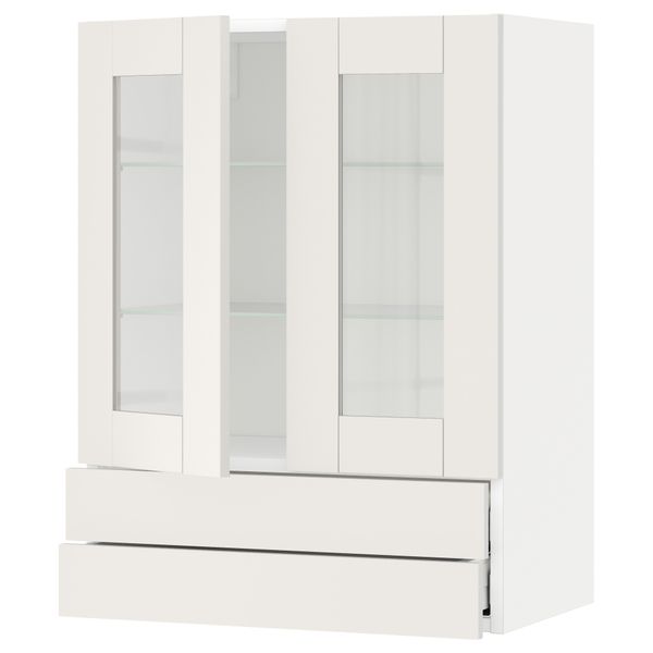 Навесной шкаф, 2 стеклянные дверцы, 2 ящика МЕТОД / МАКСИМЕРА, белый, Сэведаль белый - схема-чертеж с размерами