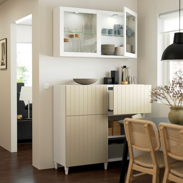 Комбинация для хранения с дверцами/ящ, белый СУТТЕРВ/КАББАРП/серо-бежевый прозрачное стекло 120x42x213 см IKEA BESTÅ БЕСТО - фото 2