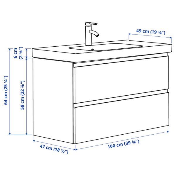 Шкаф для раковины с 2 ящ, под беленый дуб/ДАЛЬШЕР смеситель 103x49x64 см IKEA GODMORGON ГОДМОРГОН / ODENSVIK ОДЕНСВИК 992.929.43 - схема-чертеж с размерами
