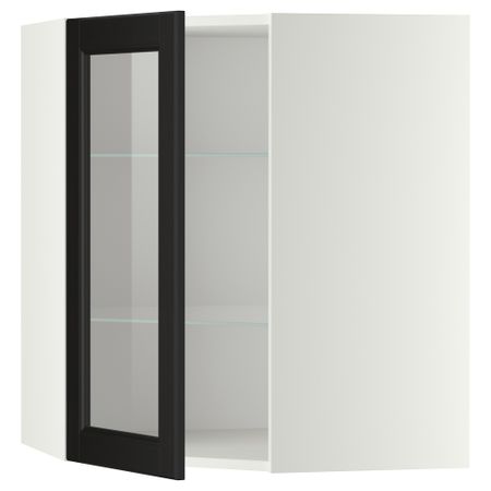 Угловой навесной шкаф с полками, стекляными дверцами МЕТОД, белый, Лаксарби черно-коричневый