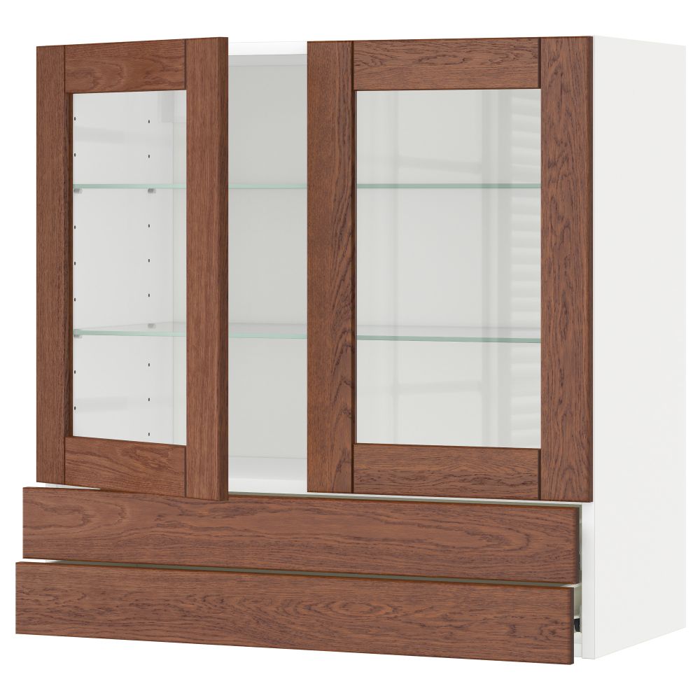 Навесной шкаф, 2 стеклянные дверцы, 2 ящика МЕТОД / ФОРВАРА, белый, Филипстад коричневый - схема-чертеж с размерами