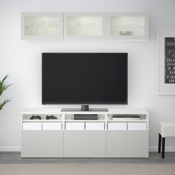 Шкаф для ТВ, комбинированный, стекляные дверцы, белый Синдвик, Лаппвикен светло-серый прозрачное стекло 180x40x192 см IKEA БЕСТО - фото 2