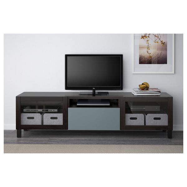 Тумба под ТВ БЕСТО, черно-коричневый, Вальвикен серо-бирюзовый, прозрачное стекло (180x40x48 см) - схема-чертеж с размерами