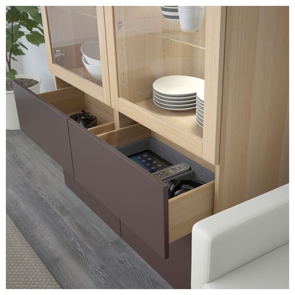 Комбинация для хранения со стеклянными дверцами БЕСТО, под беленый дуб, Вальвикен темно-коричневый (120x40x128 см) - схема-чертеж с размерами