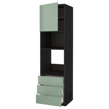 Высокий шкаф для духовки/СВЧ дверца, 3 ящика МЕТОД / ФОРВАРА, черный, Калларп светло-зеленый (60x60x220 см)