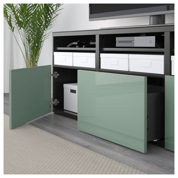 Шкаф для ТВ, комбинированный, стекляные дверцы БЕСТО, черно-коричневый Сельсвикен, глянцевый/серо-зеленый светлый прозрачное - фото 3