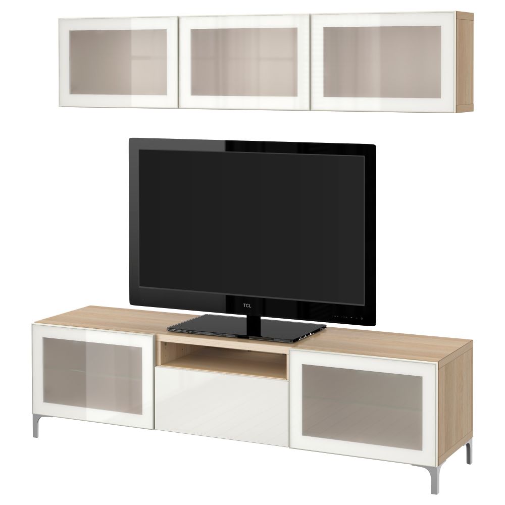 Шкаф для ТВ, комбинированный, стекляные дверцы БЕСТО, под беленый дуб, Сельсвикен глянцевый/белый матовое стекло (180x20/40x166 - фото 1