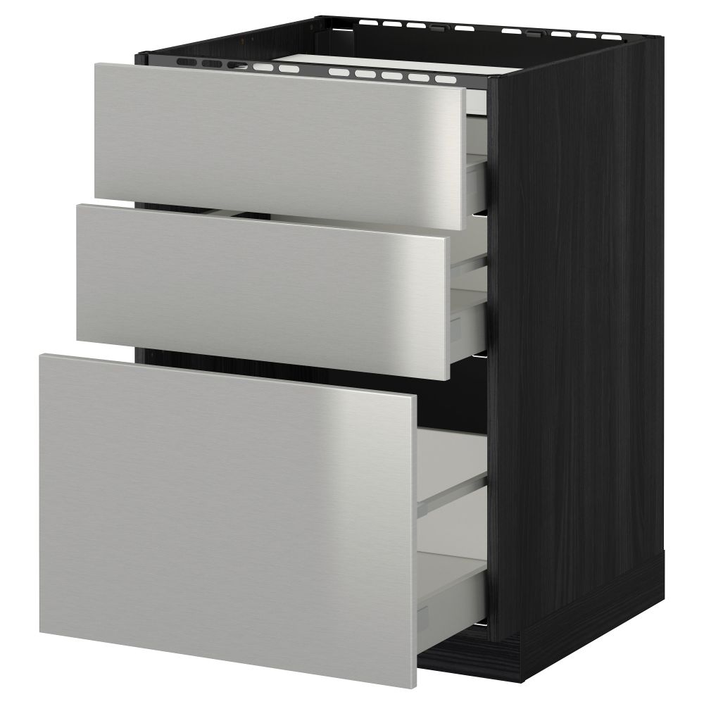 Напольный шкаф, 3 фронтальных панели, 3 ящика МЕТОД / МАКСИМЕРА, черный, Гревста нержавеющ сталь - схема-чертеж с размерами