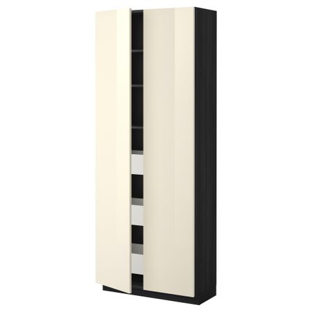 Высокий шкаф с ящиками, 2 дверцы МЕТОД / МАКСИМЕРА, черный, Рингульт кремовый (80x37x200 см)