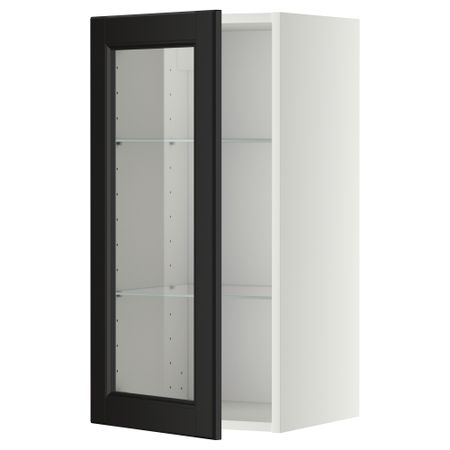 Навесной шкаф с полками, стекляными дверцы МЕТОД, белый, Лаксарби черно-коричневый