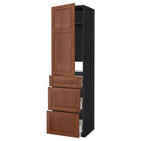 Высокий шкаф для холодильника, с дверцами, 3 ящика МЕТОД / ФОРВАРА, черный, Филипстад коричневый (60x60x220 см)