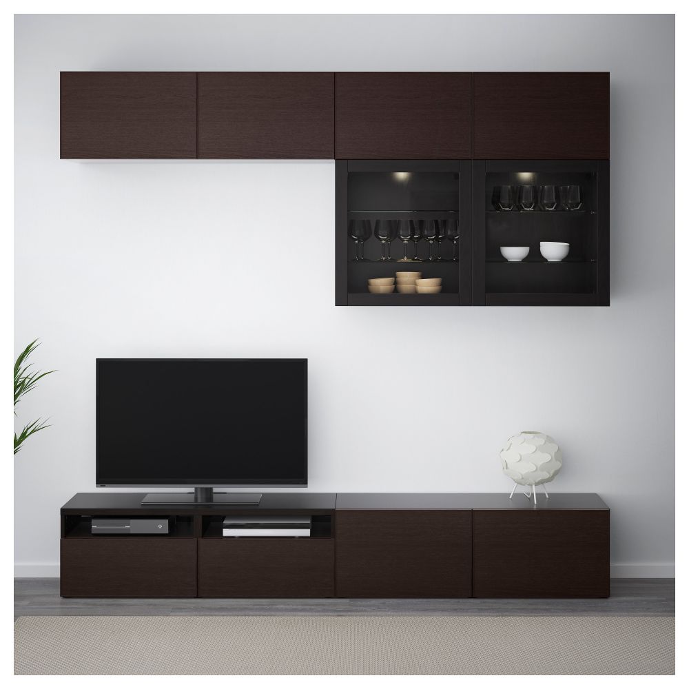Шкаф для ТВ, комбинированный, стекляные дверцы БЕСТО, черно-коричневый Синдвик, Инвикен черно-коричневый прозрачное стекло - фото 1