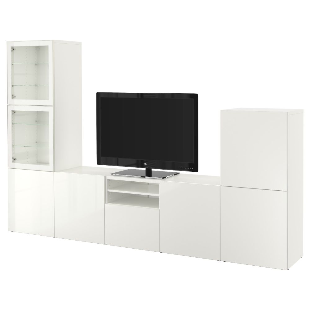 Шкаф для ТВ, комбинированный, стекляные дверцы БЕСТО, белый, Сельсвикен глянцевый/белый прозрачное стекло (300x40x192 см) - фото 1