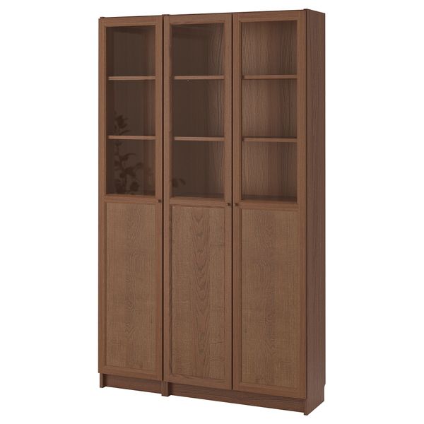 Стеллаж, панельные, стеклянные двери, 120x30x202 см, коричневый ясеневый шпон, стекло IKEA BILLY БИЛЛИ, OXBERG ОКСБЕРГ - фото 1