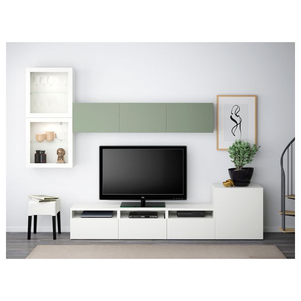 Шкаф для ТВ, комбинированный, стекляные дверцы БЕСТО, Лаппвикен зеленый, Синдвик белый прозрачное стекло (300x20/40x211 см) - фото 2