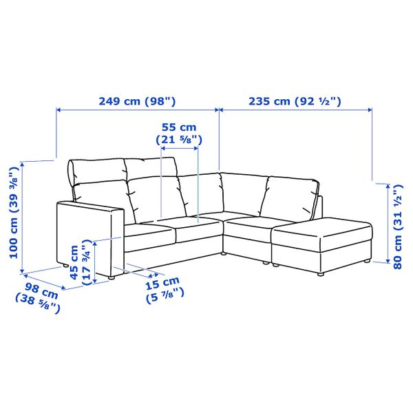 4-местный угловой диван, с открытым торцом с подголовниками/Гранн/Бумстад черный IKEA VIMLE ВИМЛЕ 893.062.81 - схема-чертеж с размерами