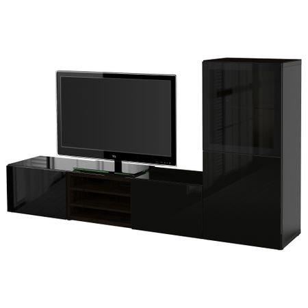 Шкаф для ТВ, комбинированный, стекляные дверцы БЕСТО, черно-коричневый, Сельсвикен глянцевый/черный прозрачное стекло