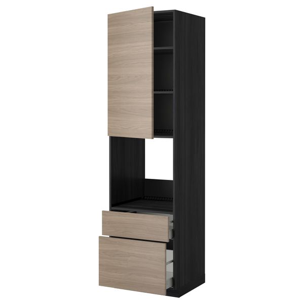 Высокий шкаф для духовки + дверь, 2 ящика МЕТОД / МАКСИМЕРА, черный, Брокхульт светло-серый - фото 1