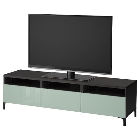 Тумба для ТВ с ящиками БЕСТО, черно-коричневый, Сельсвикен глянцевый/серо-зеленый светлый (180x40x48 см)