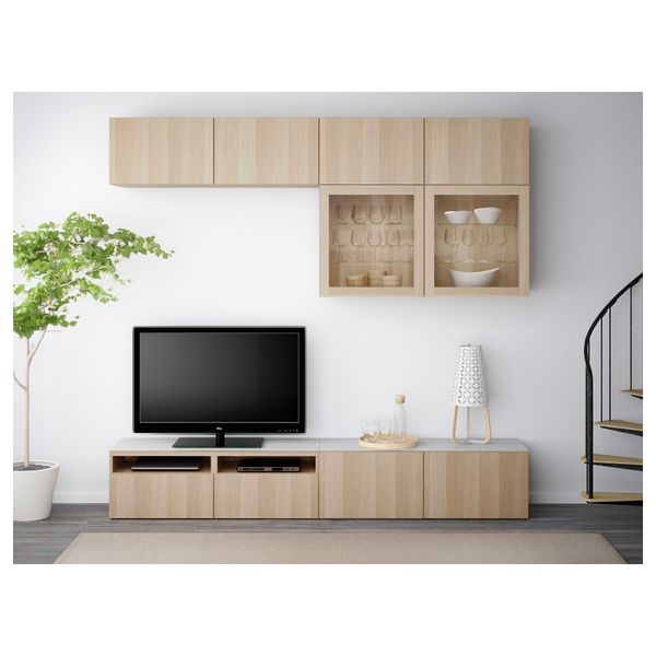 Шкаф для ТВ, комбинированный, стекляные дверцы БЕСТО, Лаппвикен, Синдвик под беленый дуб, прозрачное стелко (240x40x230 см) - фото 2