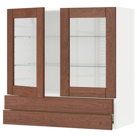 Навесной шкаф, 2 стеклянные дверцы, 2 ящика МЕТОД / ФОРВАРА, белый, Филипстад коричневый