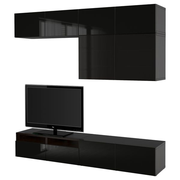 Шкаф для ТВ, комбинированный, стекляные дверцы БЕСТО, черно-коричневый, Сельсвикен глянцевый/черный дымчатое стекло (240x40x230 - фото 1