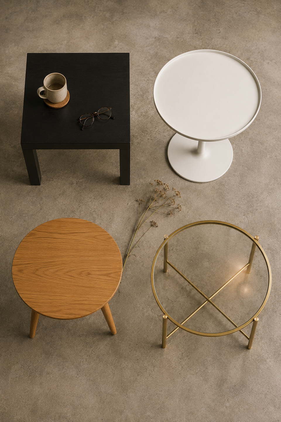 Верхний ракурс: четыре журнальных стола IKEA — LACK, ÖSTAVALL, JAKOBSFORS и TORSJÖ