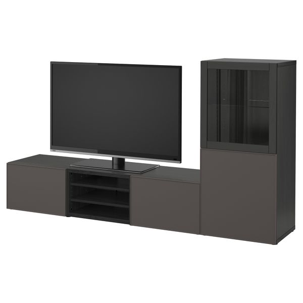 Шкаф для ТВ, комбинированный, стекляные дверцы БЕСТО, черно-коричневый Грундсвикен, темно-серый прозрачное стекло (240x40x128 - фото 1