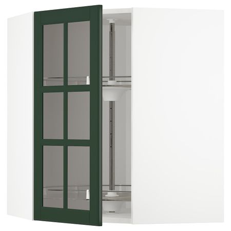 Угловой навесной шкаф с вращающейся секция, стеклянная дв, белый/Будбин темно-зеленый 68x80 см IKEA METOD МЕТОД 993.123.66