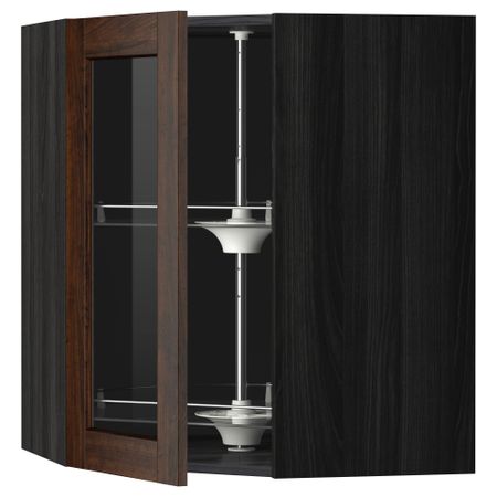 Угловой навесной шкаф с вращающающейся секцией, стеклянными дверцами МЕТОД, черный, Эдсерум коричневый