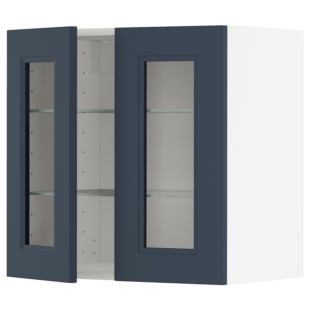 Навесной шкаф/полки/2стеклян двери, белый Акстад/матовая поверхность синий 60x60 см IKEA METOD МЕТОД 394.457.84 - фото 1