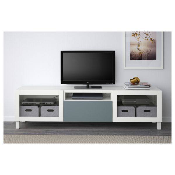 Тумба под ТВ БЕСТО, белый, Вальвикен серо-бирюзовый, прозрачное стекло (180x40x48 см) - схема-чертеж с размерами