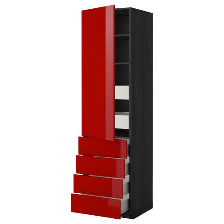 Высокий шкаф с полками/6 ящик, дверцами, 4 фронтальные панели МЕТОД / ФОРВАРА, черный, Рингульт красный