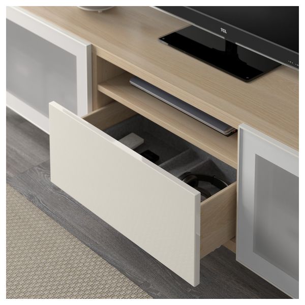 Тумба под ТВ БЕСТО, под беленый дуб, Сельсвикен глянцевый/белый матовое стекло (180x40x48 см) - фото 3