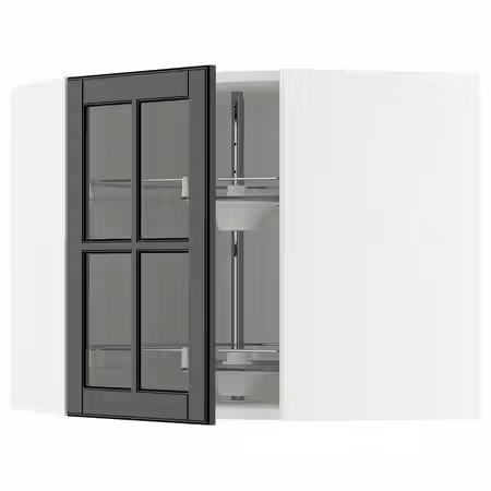 METOD Углов навесн шкаф с врщ скц/сткл дв - белый/Bodbyn чёрный 68x60 см