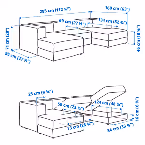 JÄTTEBO 3,5-местный модульный диван+козетка - схема-чертеж с размерами