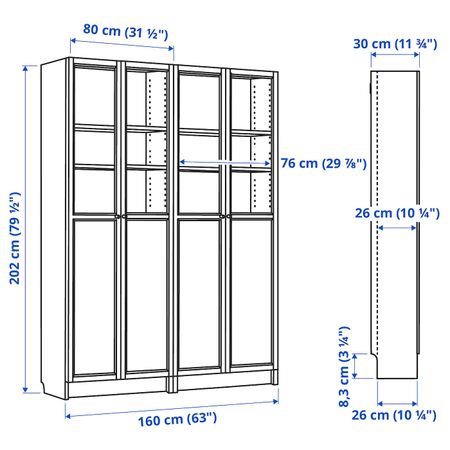 Стеллаж комбинация с дверцами, дубовый шпон, беленый/стекло 160x30x202 см IKEA BILLY БИЛЛИ / OXBERG ОКСБЕРГ 692.499.65
