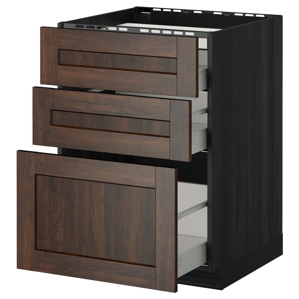 Напольный шкаф, 3 фронтальных панели/3ящика, черный/Эдсерум коричневый 60x60 см IKEA МЕТОД / МАКСИМЕРА 092.363.53 - схема-чертеж с размерами
