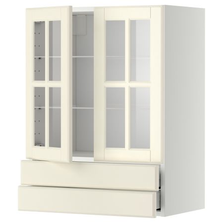 Навесной шкаф, 2 стеклянные дверцы, 2 ящика МЕТОД / МАКСИМЕРА, белый, Будбин белый с оттенком