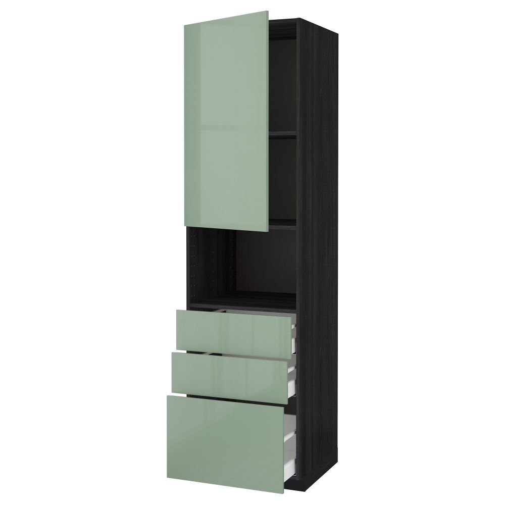 Высокий шкаф для/СВЧ+дверца/3 ящика МЕТОД / МАКСИМЕРА, черный, Калларп светло-зеленый - схема-чертеж с размерами