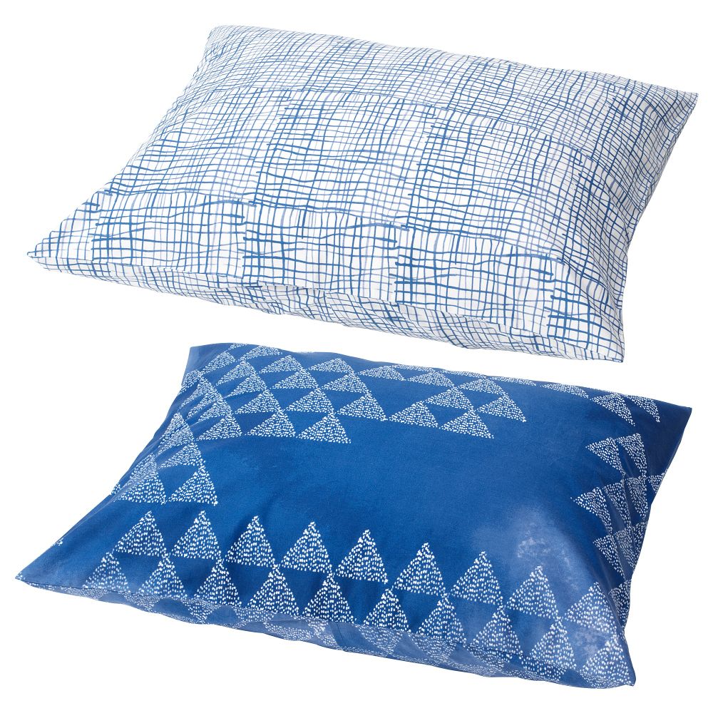 Наволочка ТЭНКВЭРД, орнамент-треугольники темно-синий, полоска белый/синий (50x70 см) - фото 1