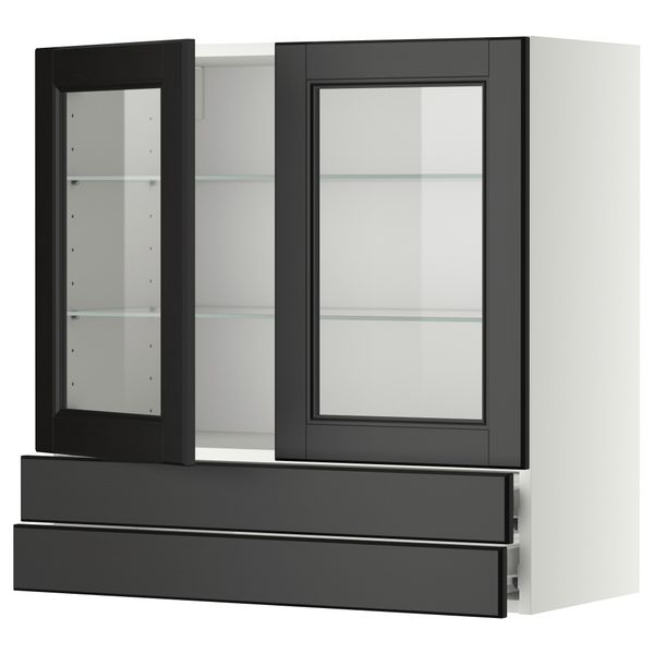 Навесной шкаф, 2 стеклянные дверцы, 2 ящика МЕТОД / ФОРВАРА, белый, Лаксарби черно-коричневый - фото 1