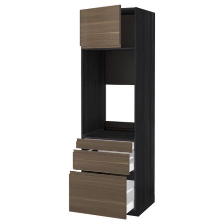 Высокий шкаф для двойной духовки, 3 ящика, дверца МЕТОД / МАКСИМЕРА, черный, Воксторп грецкий орех