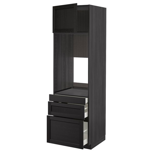 Высокий шкаф для двойной духовки, 3 ящика, дверца МЕТОД / МАКСИМЕРА, черный, Лерхюттан черная морилка - схема-чертеж с размерами