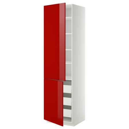 Высокий шкаф + полки, 3 ящика, 2 дверцы МЕТОД / МАКСИМЕРА, белый, Рингульт красный