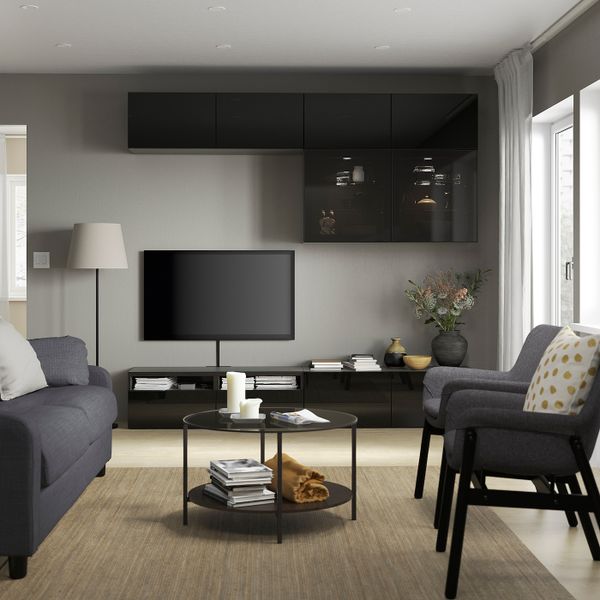 Шкаф для ТВ, комбинированный, стекляные дверцы, черно-коричневый/Сельсвикен глянцевый, черный дымчатое стекло 240x42x231 см IKEA - фото 3