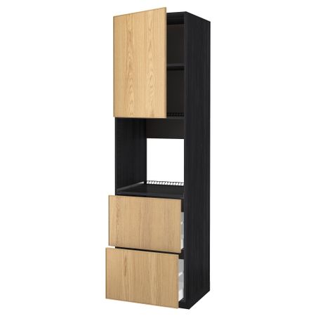 Высокий шкаф для духовки + дверца, 2 форнтальных, 2 высоких ящик МЕТОД / МАКСИМЕРА, черный, Экестад дуб