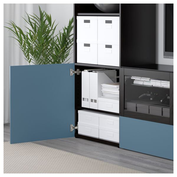 Шкаф для ТВ, комбинированный, стекляные дверцы БЕСТО, черно-коричневый Вальвикен, темно-синий прозрачное стекло (240x40x230 см) - фото 3