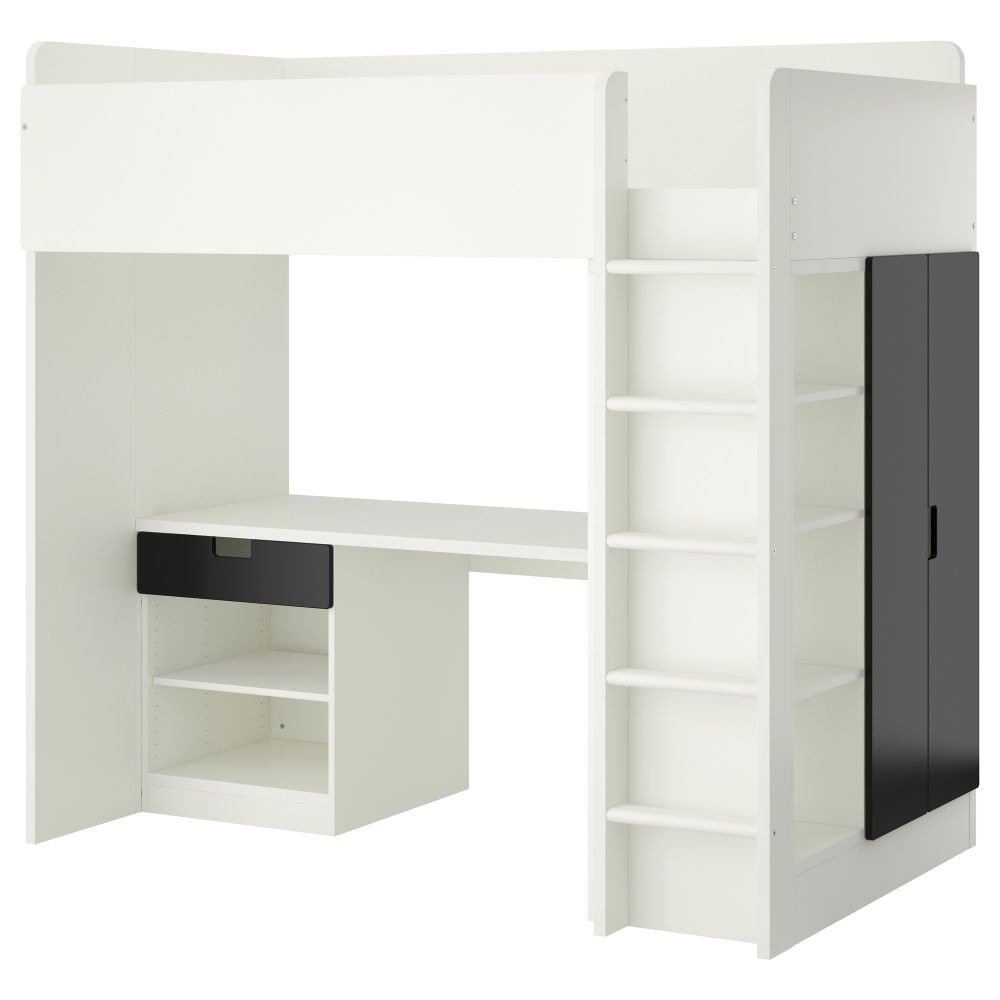 Кровать-чердак, 1 ящик, 2 дверцы СТУВА, белый, черный (207x99x193 см) - фото 1